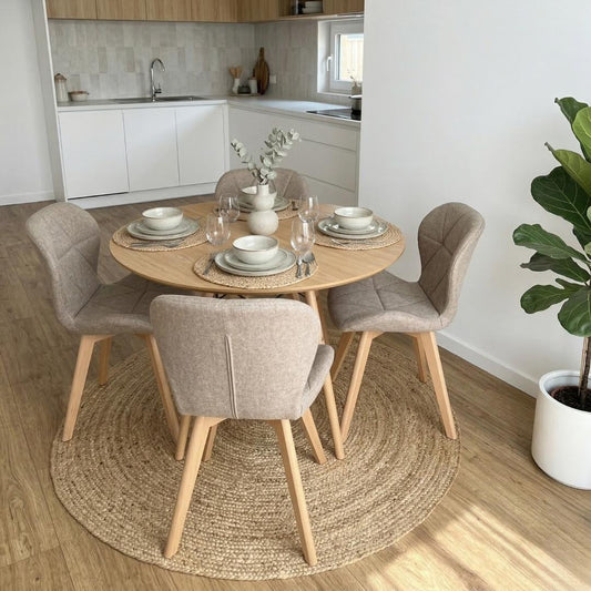 Comedor Mesa Shanna 100cm + 4 Sillón Rubik Beige Lino