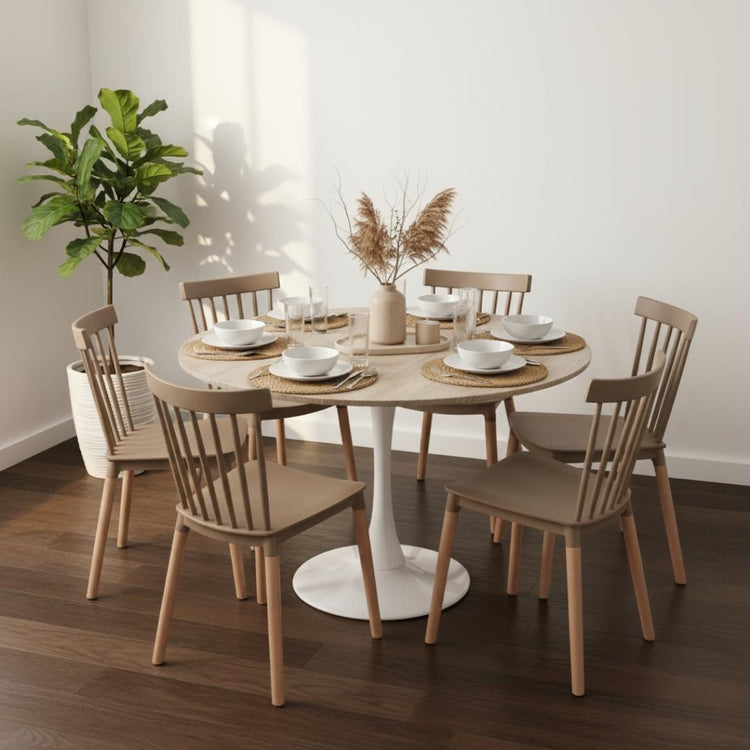 Comedor Mesa Tulip 120 cm (Cubierta Efecto Madera) + 6 Sillas Windsor Beige