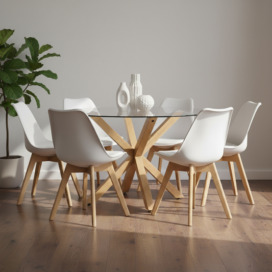 Comedor Mesa Redonda Equiz 120cm + 6 Sillas Tulip Blanca