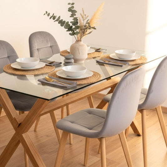 Comedor Mesa Xinia 130x80 + 4 Sillas Vorak Velvet Gris