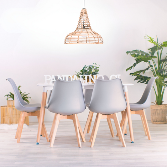 Comedor Mesa Rectangular Brunell 120x80 Blanca + 6 Sillas Tulip Gris