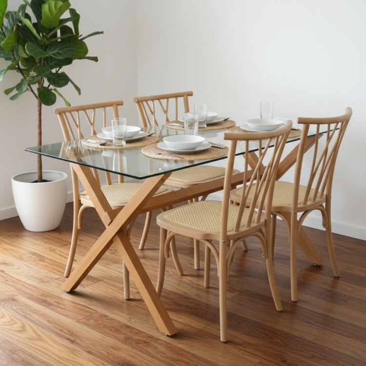 Comedor Moderno Mesa Xinia 130x80 + 4 Sillas Crosswood Natural