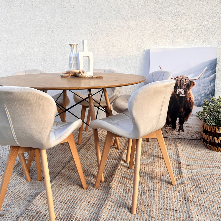 Comedor Mesa Shanna 120cm + 6 Sillones Rubik Beige Velvet