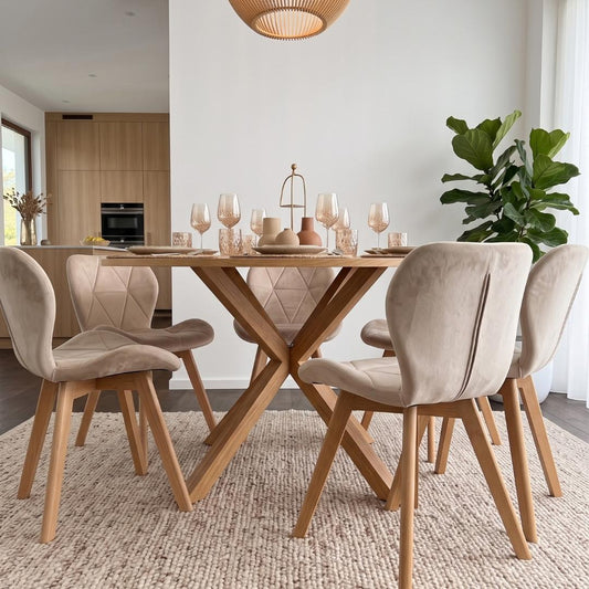 Comedor Mesa Redonda Equiz Wood 120cm + 6 Sillón Rubik Velvet Beige