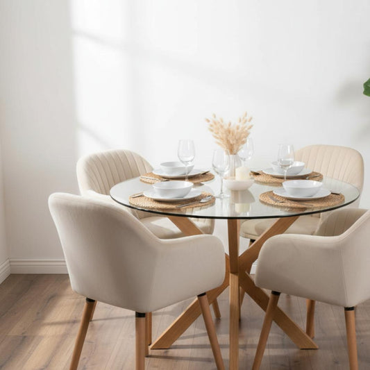 Comedor Mesa Redonda Equiz 120cm + 4 Butacas Almer Beige