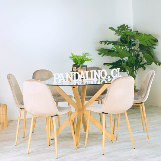 Comedor Mesa Redonda Equiz 120cm + 6 Sillas Isy Beige