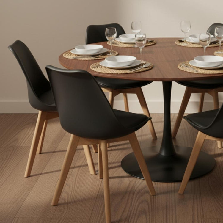 Comedor Mesa Tulip 120 cm (Cubierta Efecto Madera Oscura) + 6 Sillas Tulip Negro