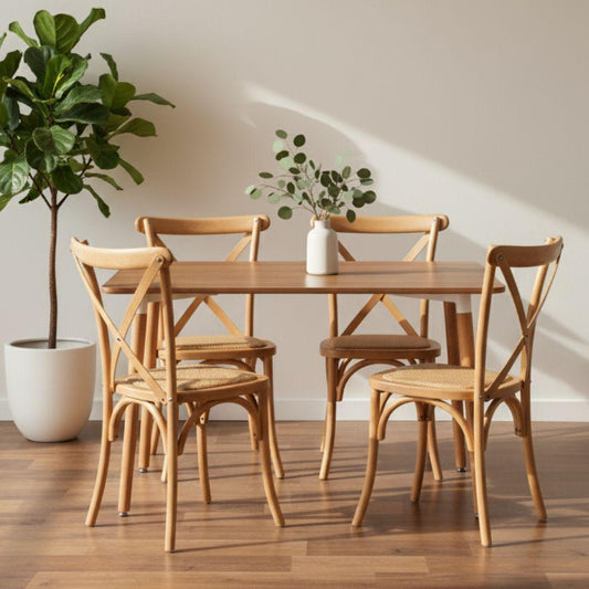 Comedor Mesa Rectangular Alamo 130x80 + 4 Sillas Crossback Madera Natural