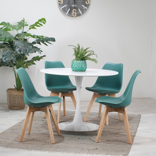 Comedor Mesa Tulip Blanca 80cm + 4 Sillas Tulip Verde Esmeralda