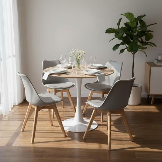 Comedor Mesa Tulip 80 cm (Cubierta Efecto Madera) + 4 Sillas Tulip Gris