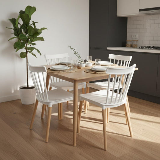 Comedor Mesa Cosmo Natural 70x70 cm + 4 Sillas Windsor Blanca