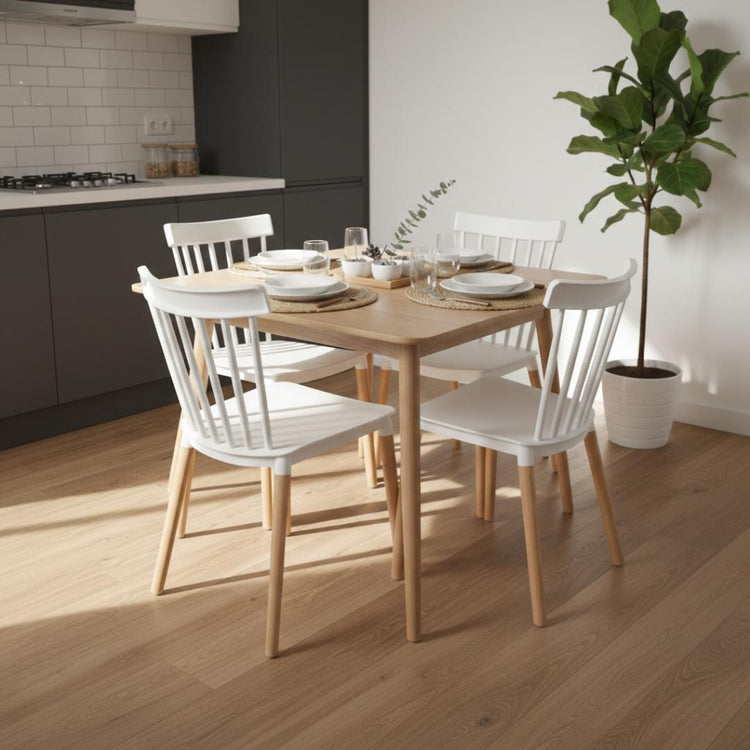 Comedor Mesa Cosmo Natural 60x60 cm + 4 Sillas Windsor Blanca