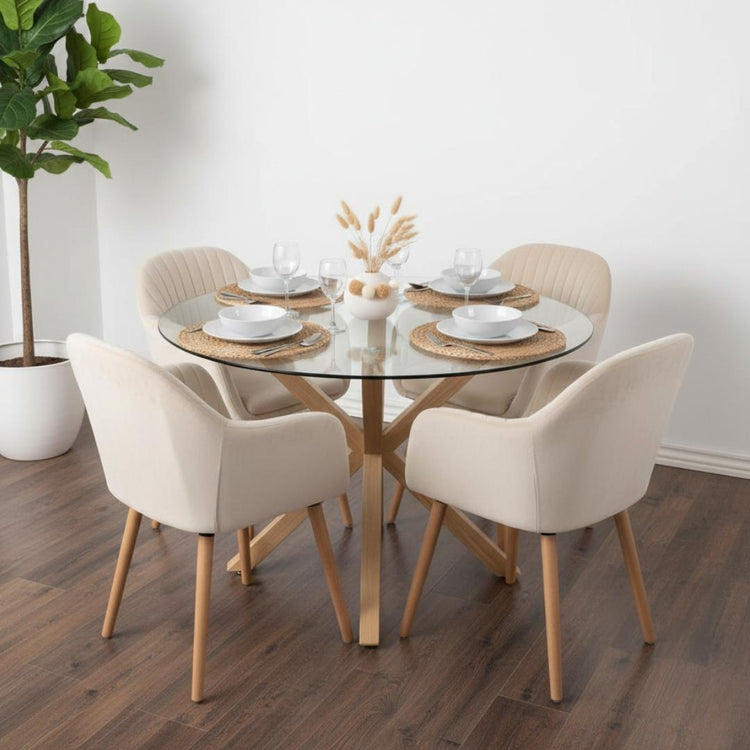Comedor Mesa Redonda Equiz 120cm + 4 Butacas Almer Beige