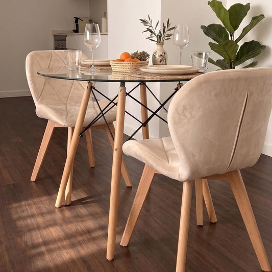 Comedor Mesa Redonda Elida 80cm + 2 Sillón Rubik Velvet Beige
