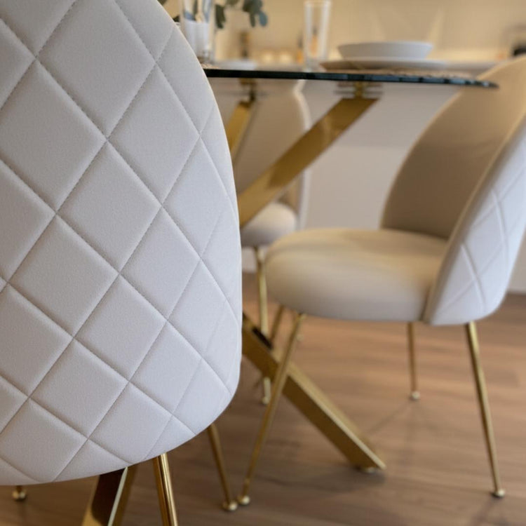 Comedor Mesa Equiz 100cm (Patas X Dorada) + 4 Sillas Adela Beige