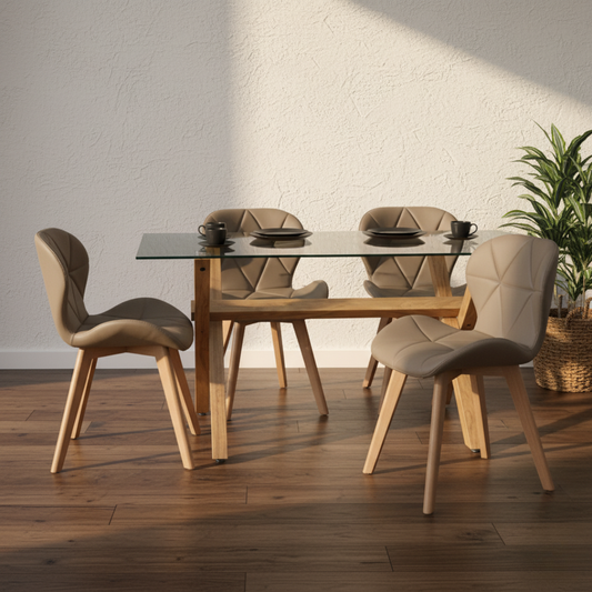 Comedor Moderno Mesa Xinia 130x80 + 4 Sillones Rubik Latte