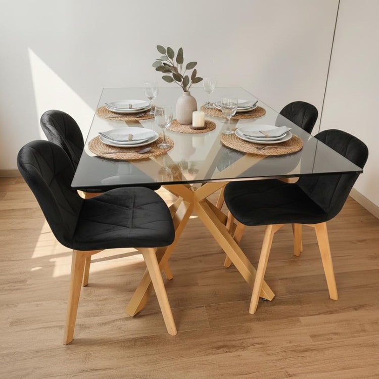 Comedor Mesa Greta 140x80 cm + 4 Sillones Rubik Velvet Negro