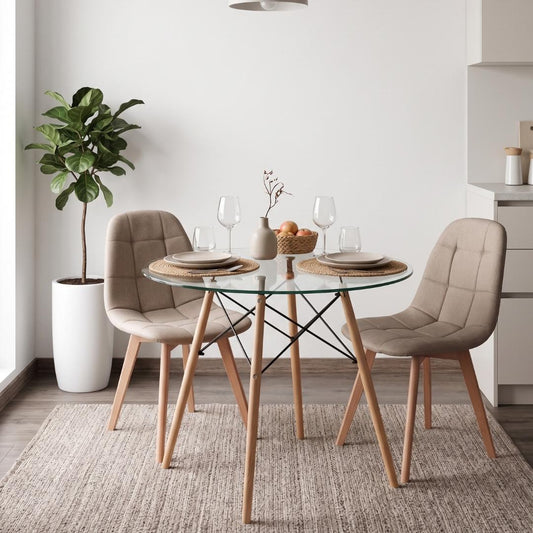 Comedor Mesa Redonda Elida 80cm + 2 Sillas Vorak Lino Beige