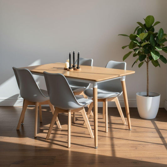 Comedor Mesa Rectangular Alamo 130x80 + 4 Sillas Tulip Gris