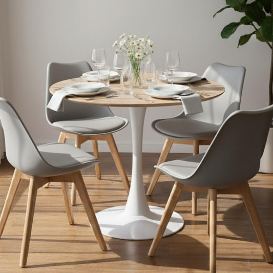 Comedor Mesa Tulip 80 cm (Cubierta Efecto Madera) + 4 Sillas Tulip Gris