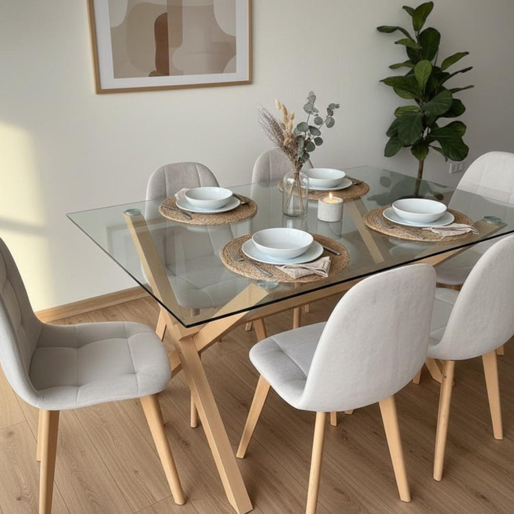 Comedor Mesa Xinia 140x90 + 6 Sillas Vorak Velvet Beige