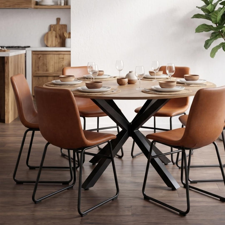 Comedor Mesa Redonda Equiz 120cm Madera | Base X Negro + 6 Sillas Toscana