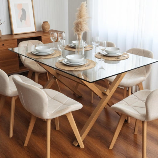 Comedor Moderno Mesa Xinia 140x90 + 6 Sillones Rubik Velvet Beige