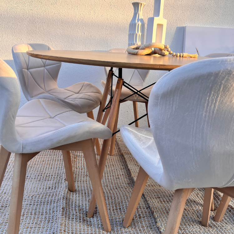 Comedor Mesa Shanna 120cm + 6 Sillones Rubik Beige Velvet
