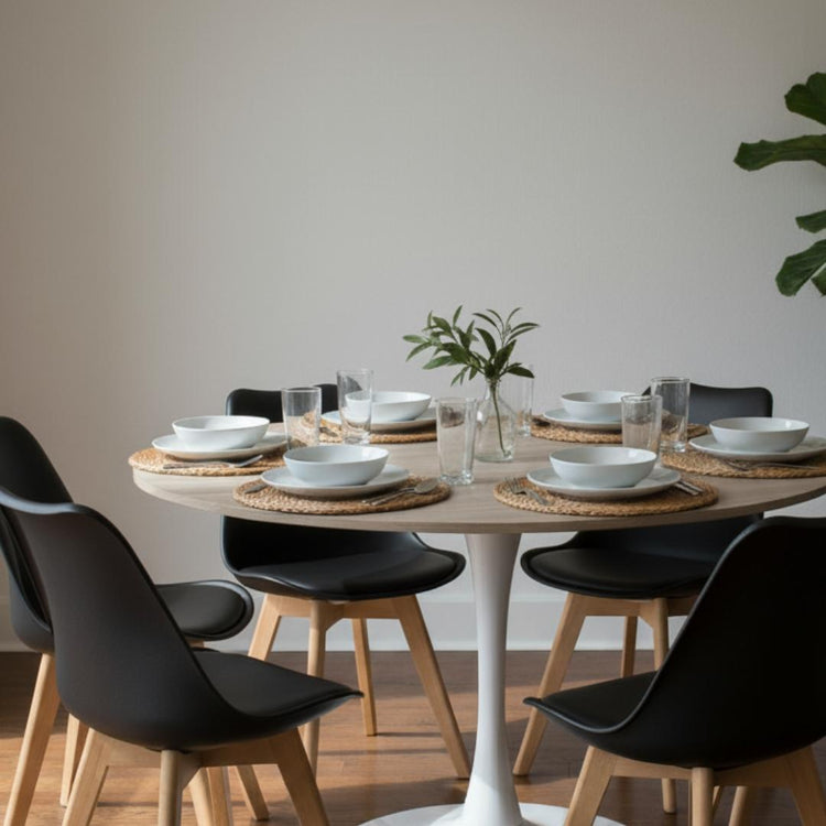 Comedor Mesa Tulip 120 cm (Cubierta Efecto Madera) + 6 Sillas Tulip Negro