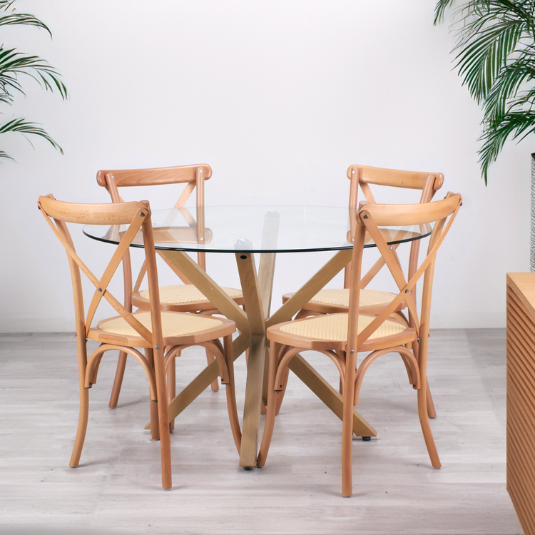 Comedor Mesa Redonda Equiz 100cm + 4 Sillas Crossback Madera
