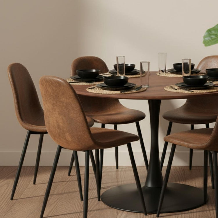 Comedor Mesa Tulip 120 cm (Cubierta Efecto Madera Oscura) + 6 Sillas Isidora