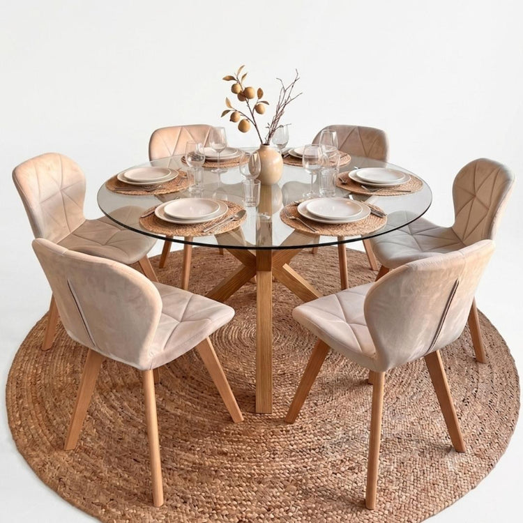 Comedor Mesa Redonda Equiz 120cm + 6 Sillón Rubik Velvet Beige