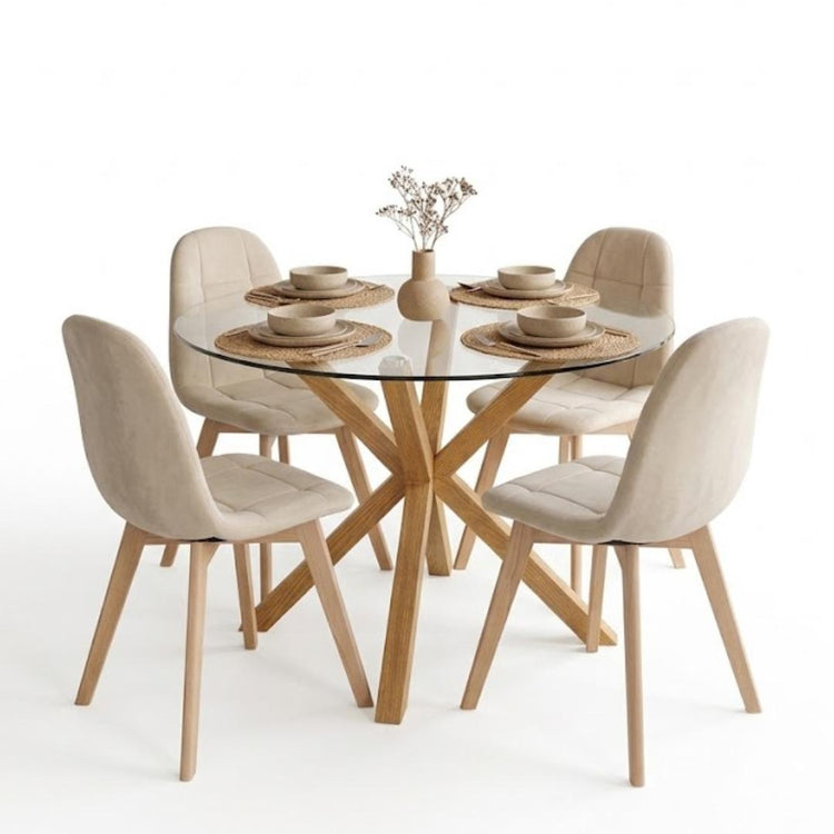 Comedor Mesa Redonda Equiz 100 cm + 4 Sillas Vorak Beige