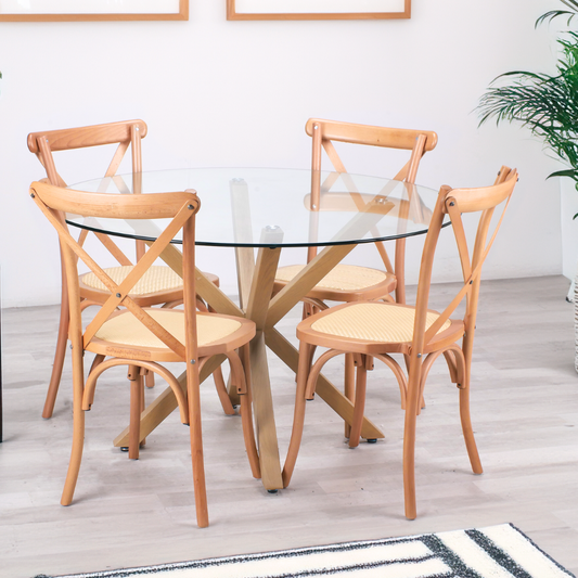 Comedor Mesa Redonda Equiz 100cm + 4 Sillas Crossback Madera