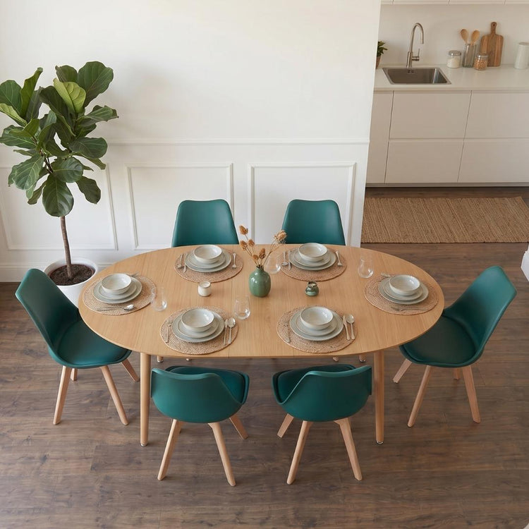 Comedor Extensible Bayona Wood 100-180cm + 4 Sillas Tulip Verde Esmeralda
