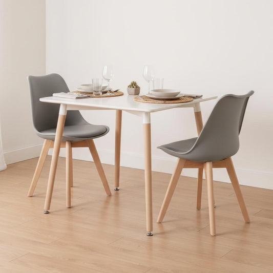 Comedor Mesa Aroa Blanca 80x80 cm + 2 Sillas Tulip Gris