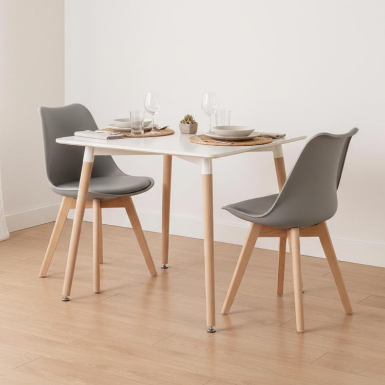 Comedor Mesa Aroa Blanca 80x80 cm + 2 Sillas Tulip Gris