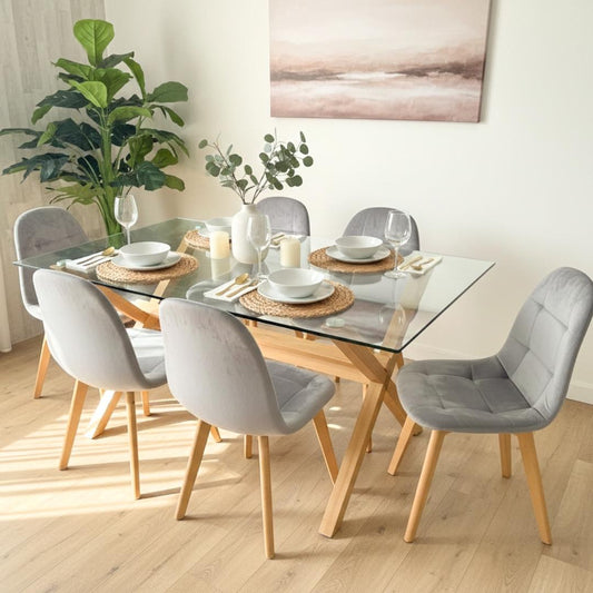 Comedor Mesa Xinia 140x90 + 6 Sillas Vorak Velvet Gris