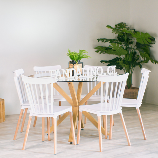Comedor Mesa Redonda Equiz 120cm + 6 Sillas Windsor Blancas
