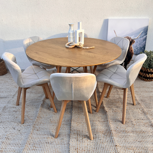 Comedor Mesa Shanna 120cm + 6 Sillones Rubik Beige Velvet