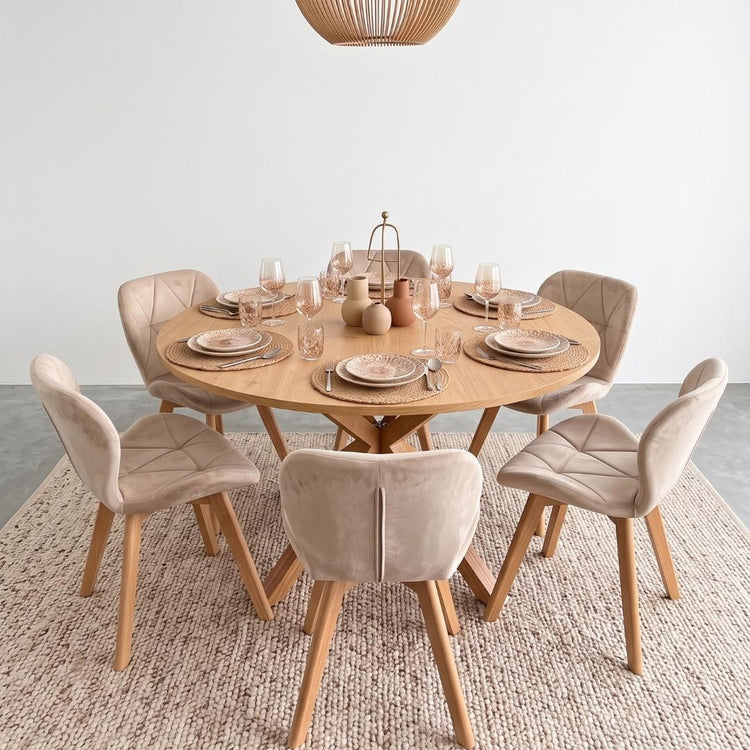 Comedor Mesa Redonda Equiz Wood 120cm + 6 Sillón Rubik Velvet Beige