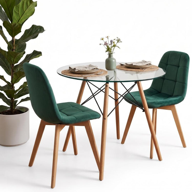 Comedor Mesa Redonda Elida 80cm + 2 Sillón Vorak Velvet Verde Esmeralda