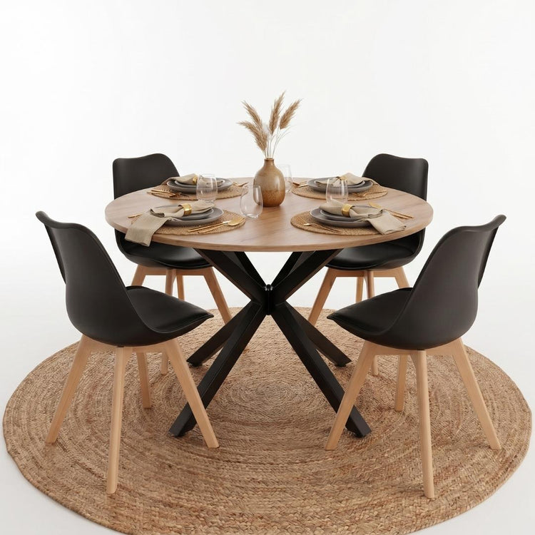 Comedor Mesa Redonda Equiz 100cm Madera | Base X Negro + 4 Sillas Tulip Negro