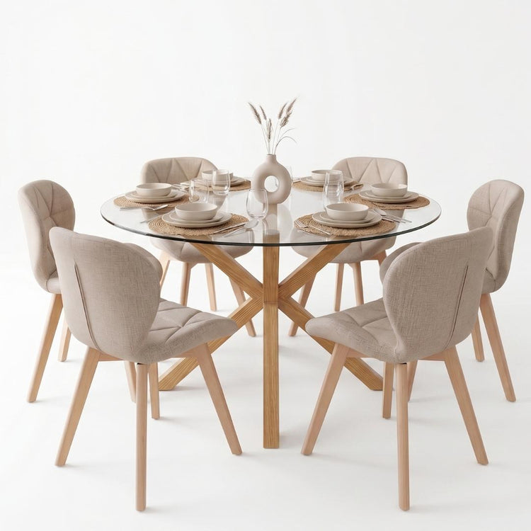 Comedor Mesa Equiz 120cm + 6 Sillón Rubik Lino Beige