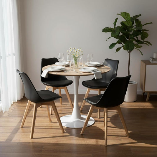 Comedor Mesa Tulip 100 cm (Cubierta Efecto Madera) + 4 Sillas Tulip Negro
