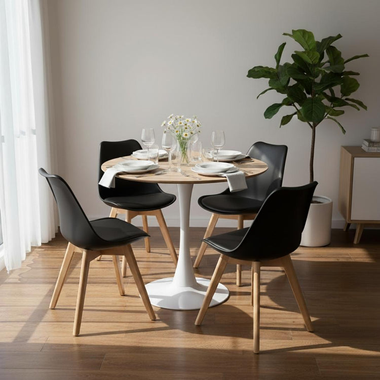 Comedor Mesa Tulip 100 cm (Cubierta Efecto Madera) + 4 Sillas Tulip Negro