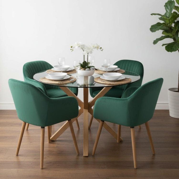 Comedor Mesa Redonda Equiz 120cm + 4 Butacas Almer Verde Esmeralda