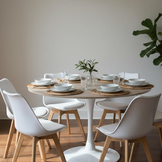 Comedor Mesa Tulip 120 cm (Cubierta Efecto Madera) + 6 Sillas Tulip Blanco