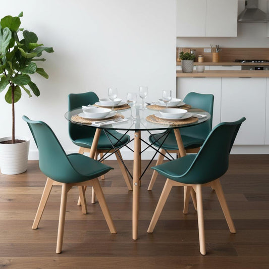 Comedor Mesa Redonda Elida 100cm + 4 Sillas Tulip Verde Esmeralda