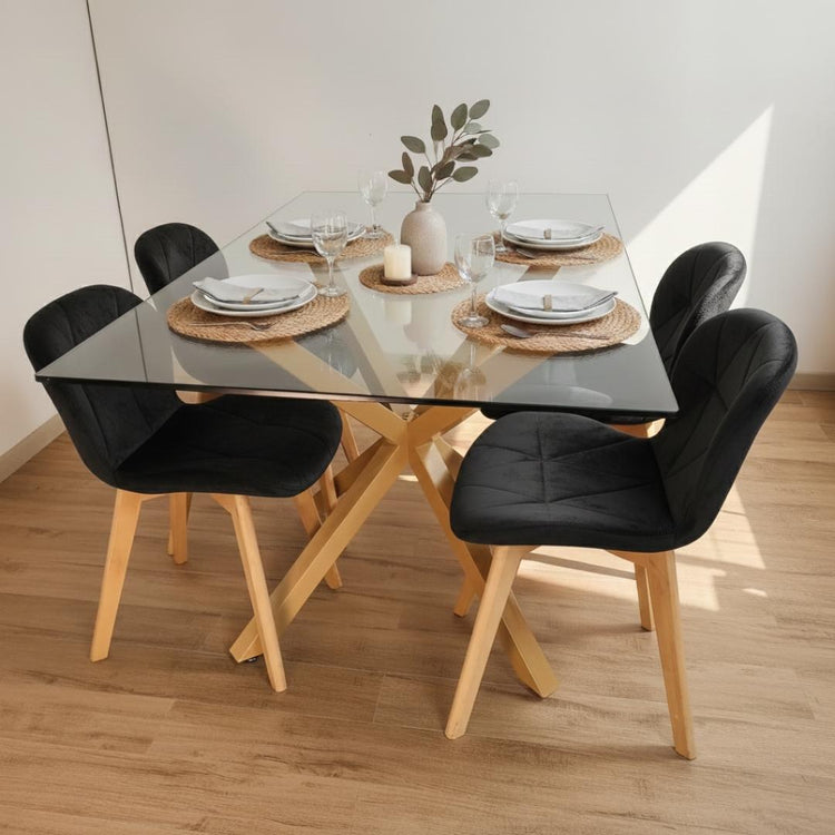 Comedor Mesa Greta 140x80 cm + 4 Sillones Rubik Velvet Negro